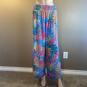 Kona Sol Womens Tropical Palm Print Smocked Wide Leg Beach Cover Up Pants Blue M
